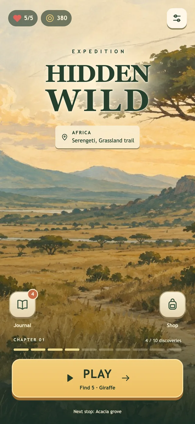Expedition: Hidden Wild on iPhone: the Serengeti at sunrise with the next find ready