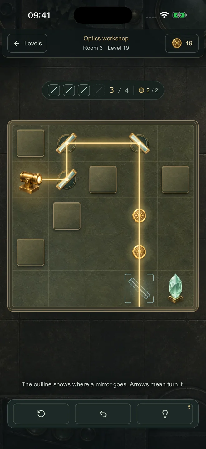 Lumen on iPhone: brass mirrors turn a golden beam around stone blocks