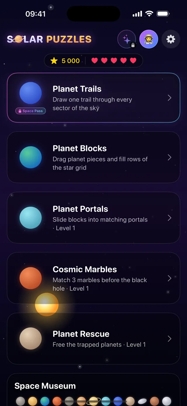 Solar Puzzles home screen on iPhone